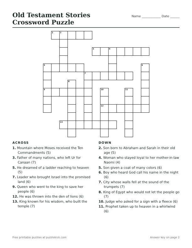 Printable Old Testament Stories Crossword Puzzle PDF preview with grid and clues