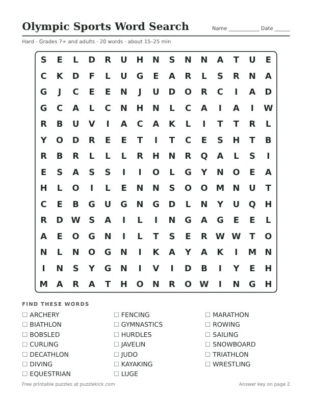 Preview of the olympic sports hard word search