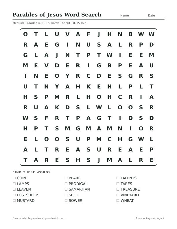 Printable Parables of Jesus Word Search PDF preview: puzzle page with word list
