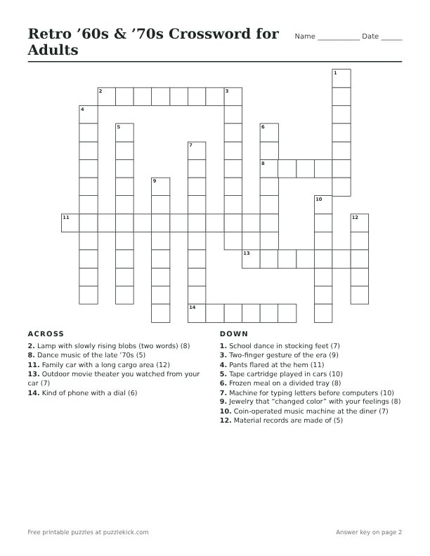 Printable Retro ’60s & ’70s Crossword for Adults PDF preview with grid and clues