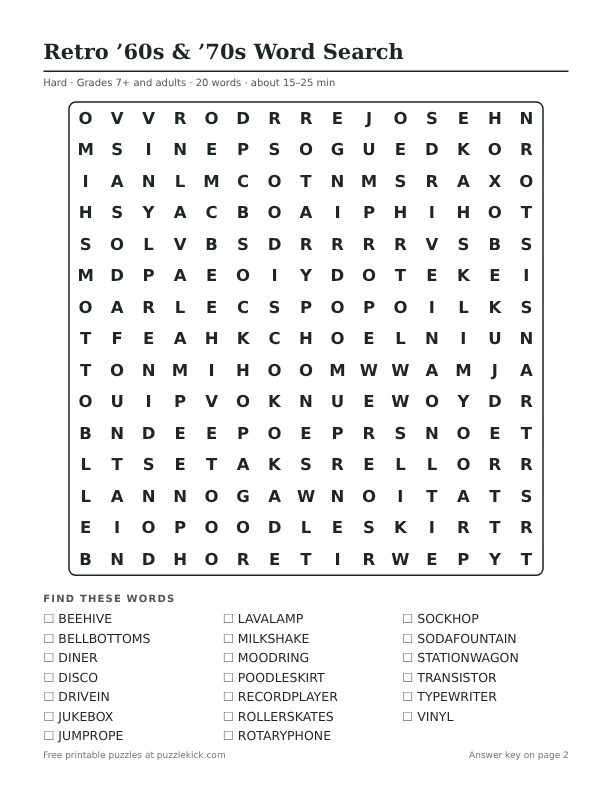 Printable Retro ’60s & ’70s Word Search PDF preview: puzzle page with word list