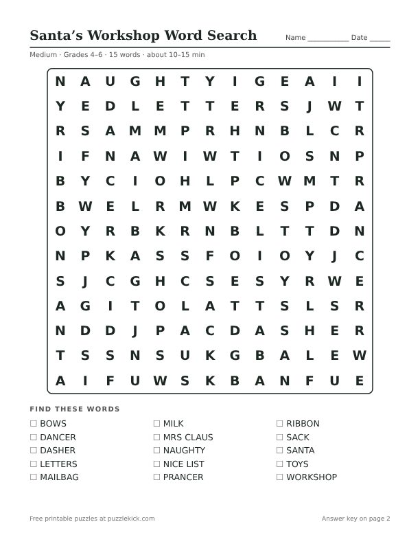 Printable Santa’s Workshop Word Search PDF preview: puzzle page with word list