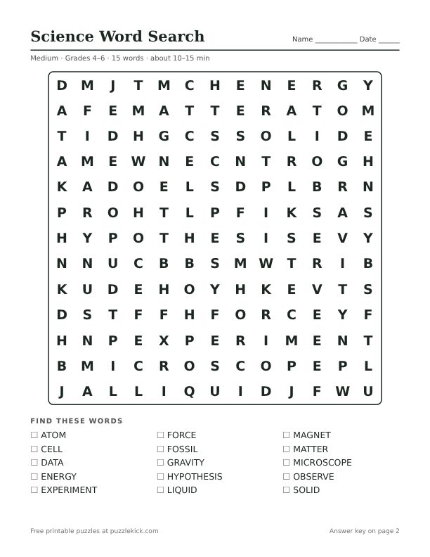 Printable Science Word Search PDF preview: puzzle page with word list