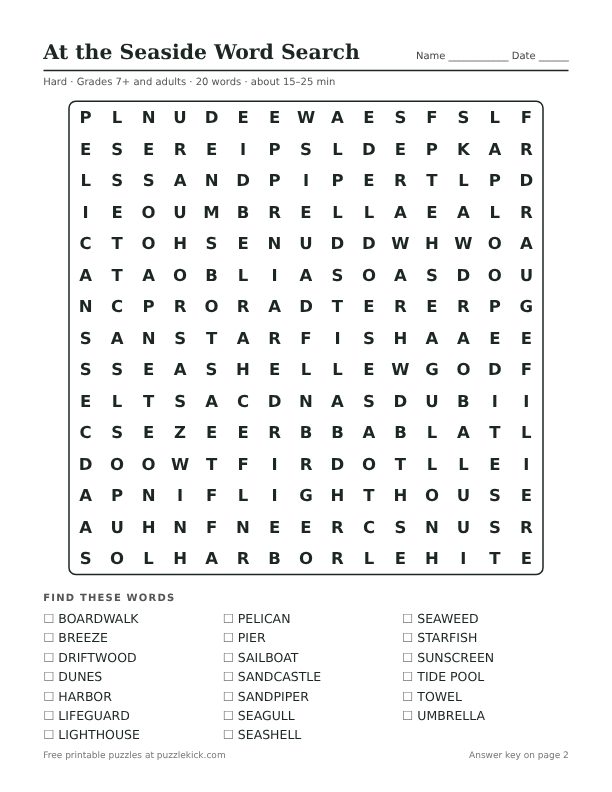 Preview of the at the seaside hard word search