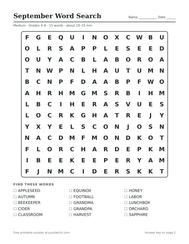Printable September Word Search PDF preview: puzzle page with word list