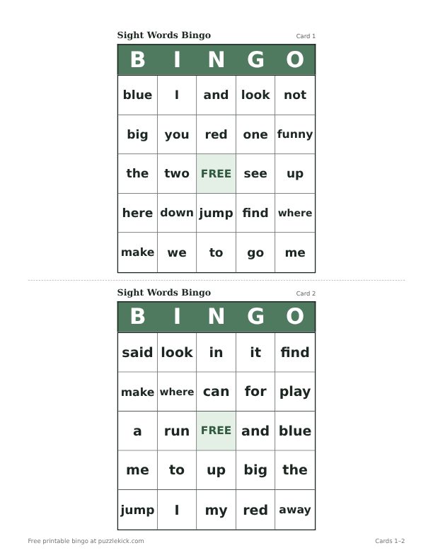 Sight Words Bingo printable PDF preview with two cards