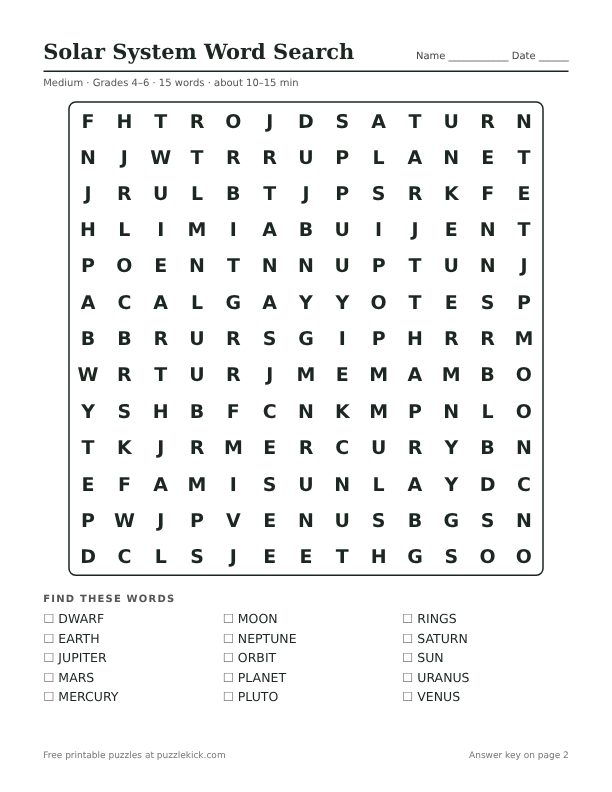 Printable Solar System Word Search PDF preview: puzzle page with word list