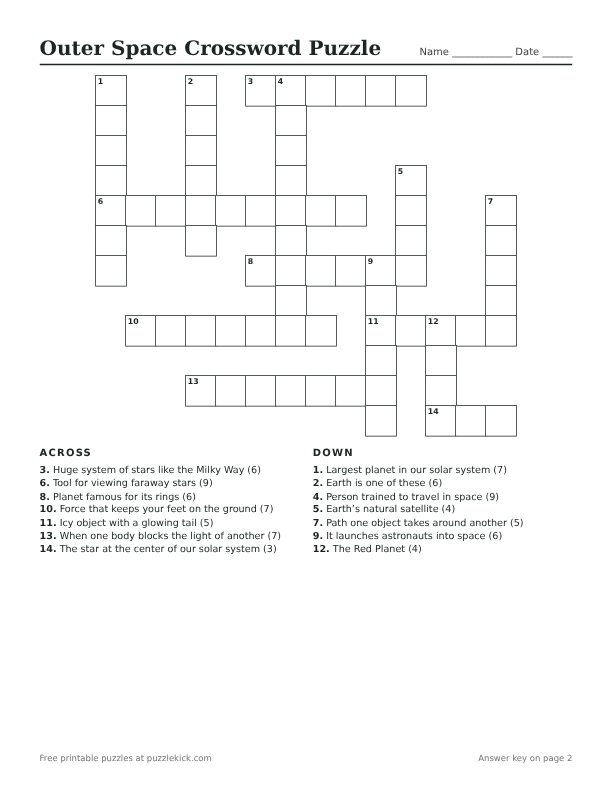 Printable Outer Space Crossword Puzzle PDF preview with grid and clues