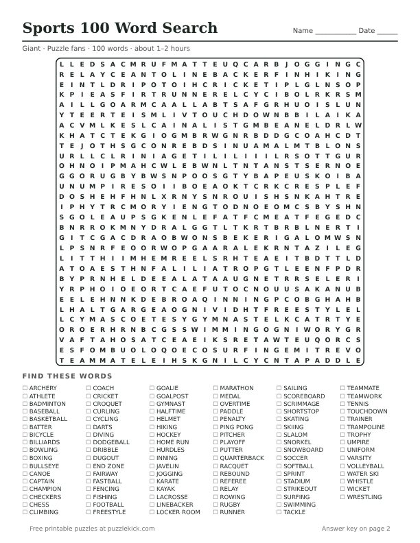 Preview of the sports 100 word word search PDF