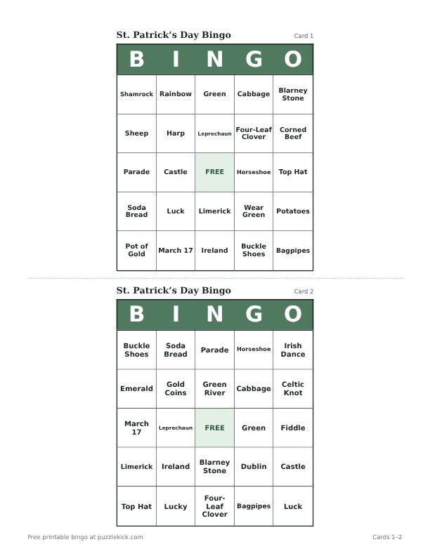 St. Patrick’s Day Bingo printable PDF preview with two cards