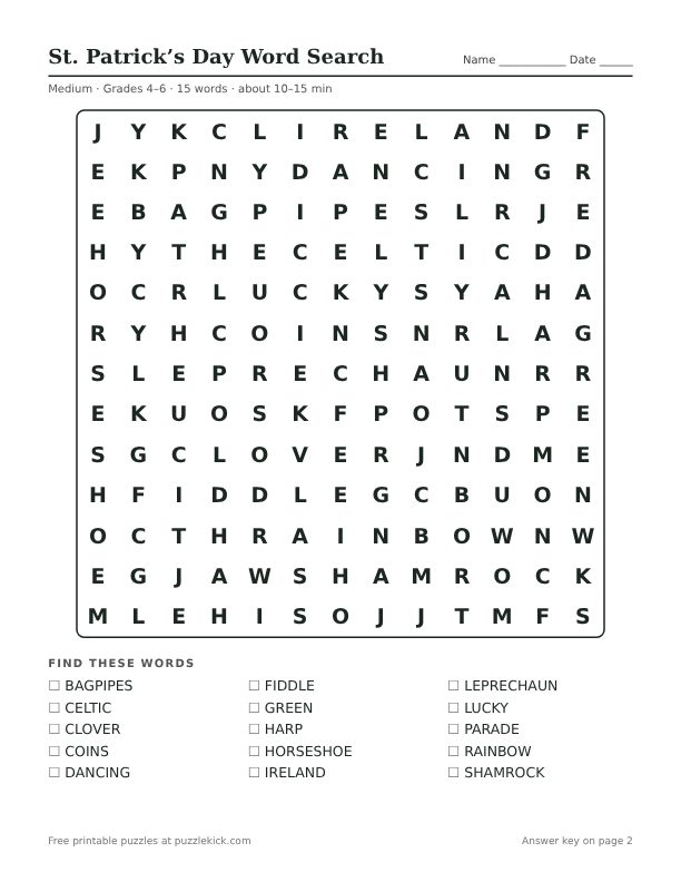 Printable St. Patrick’s Day Word Search PDF preview: puzzle page with word list