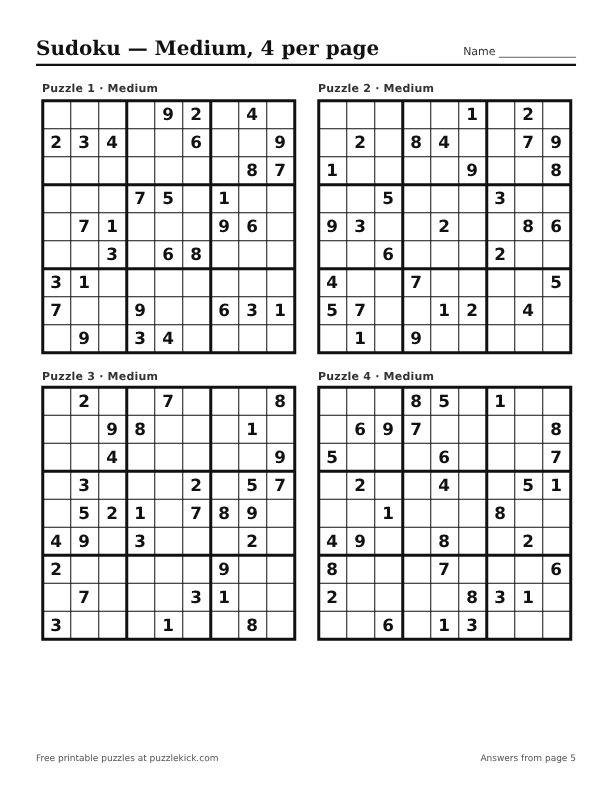 Preview of the Medium · 4 per page sudoku PDF