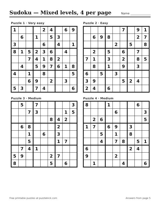 Preview of the Mixed levels · 4 per page sudoku PDF