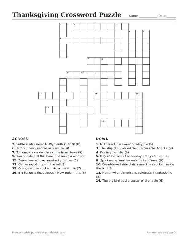 Printable Thanksgiving Crossword Puzzle PDF preview with grid and clues