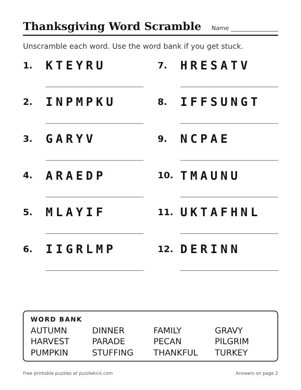 Preview of the thanksgiving word scramble in large print