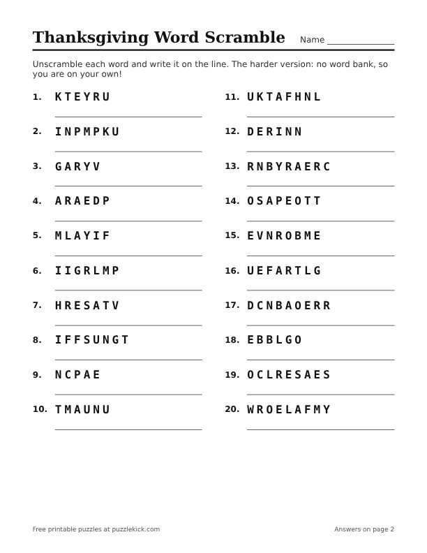 Preview of the thanksgiving word scramble without a word bank