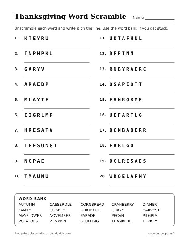 Preview of the thanksgiving word scramble with a word bank