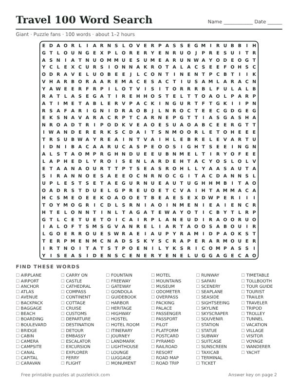 Preview of the travel 100 word word search PDF