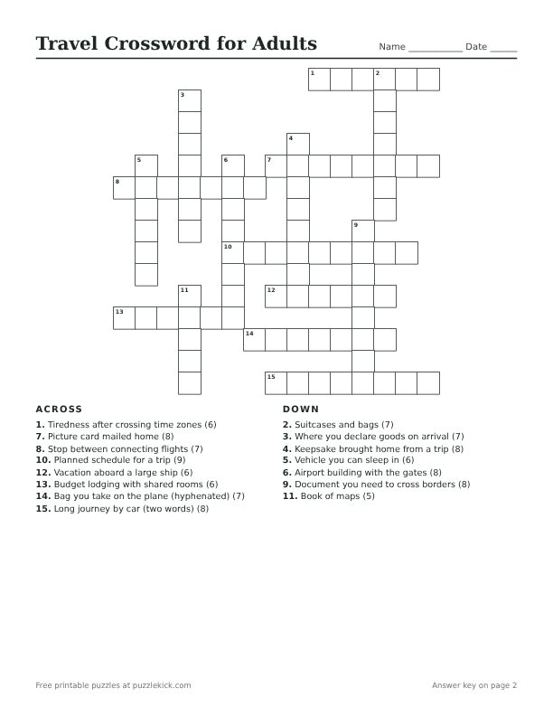 Printable Travel Crossword for Adults PDF preview with grid and clues
