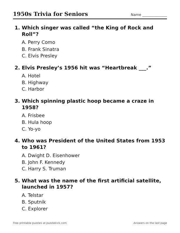 Preview of the 1950s trivia printable