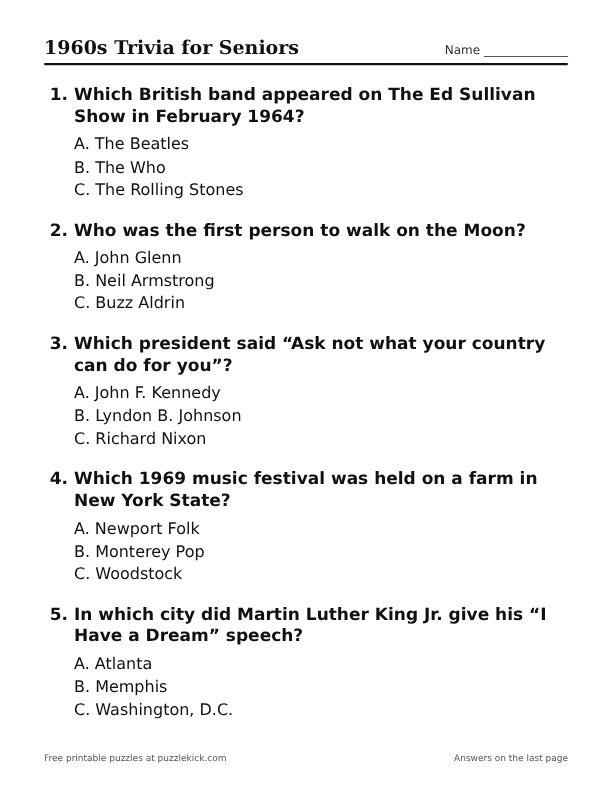 Preview of the 1960s trivia printable