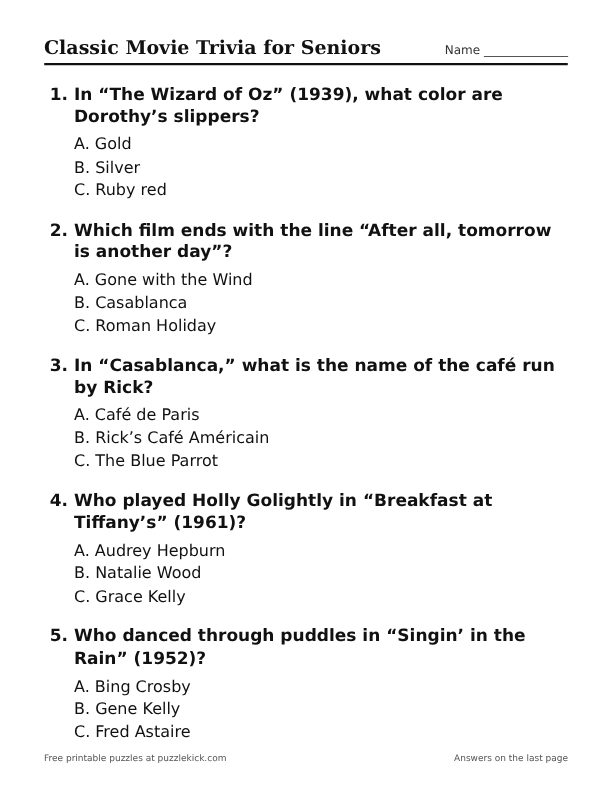 Preview of the classic movie trivia printable
