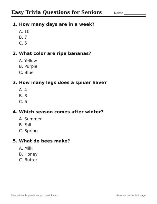 Preview of the easy trivia printable