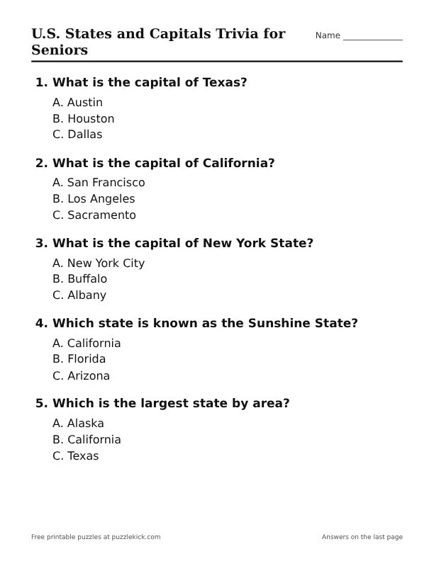Preview of the u.s. states trivia printable