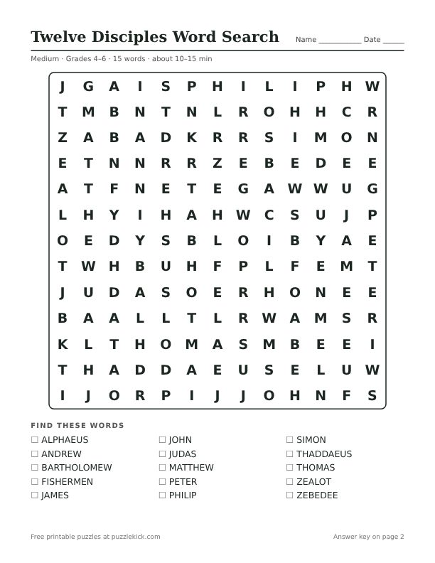 Printable Twelve Disciples Word Search PDF preview: puzzle page with word list