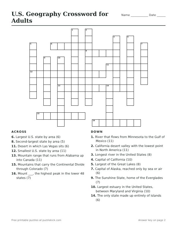 Preview of the U.S. geography crossword for adults
