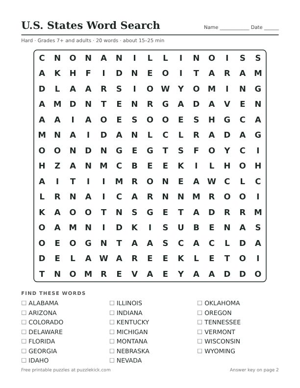 Preview of the u.s. states hard word search