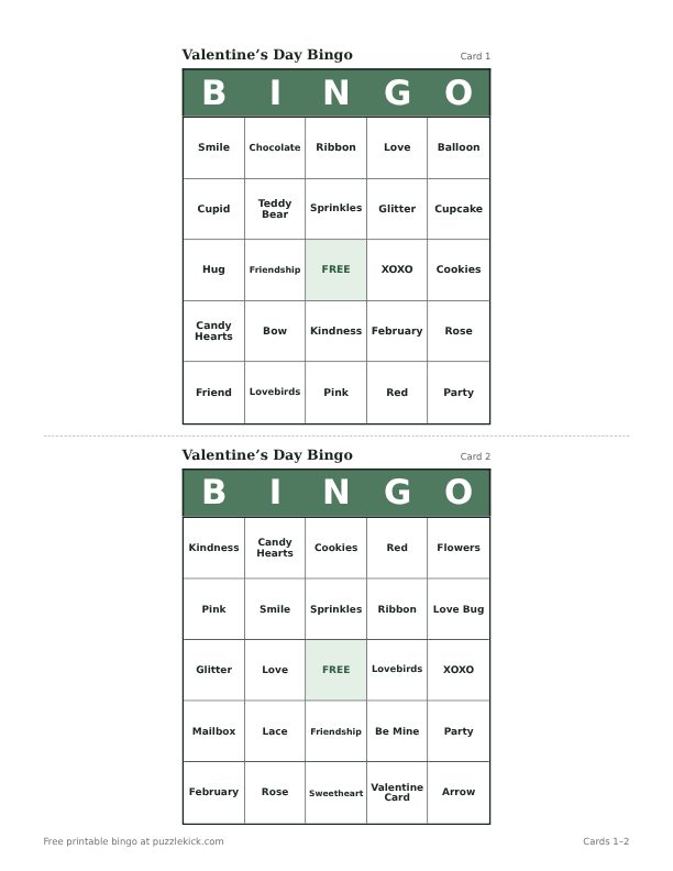 Valentine’s Day Bingo printable PDF preview with two cards