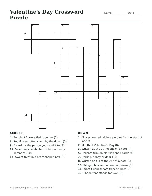Printable Valentine’s Day Crossword Puzzle PDF preview with grid and clues