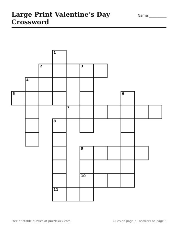 Printable Large Print Valentine’s Day Crossword PDF preview with big squares and large clues