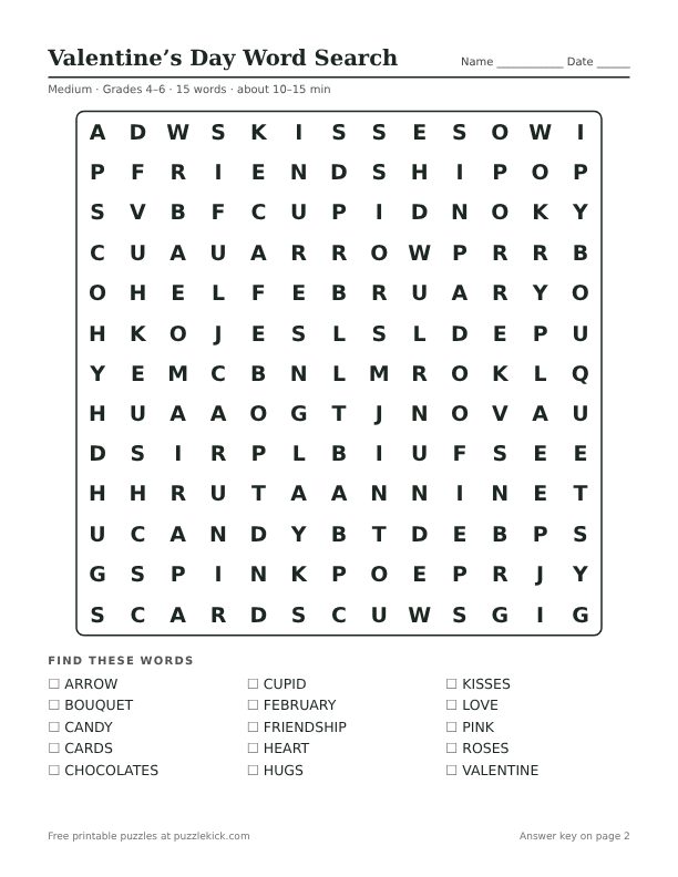 Printable Valentine’s Day Word Search PDF preview: puzzle page with word list