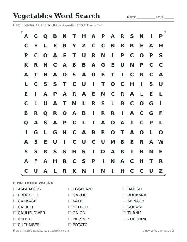 Preview of the vegetables hard word search