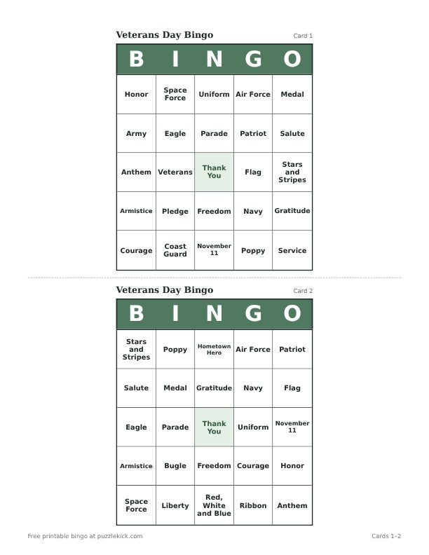 Veterans Day Bingo printable PDF preview with two cards