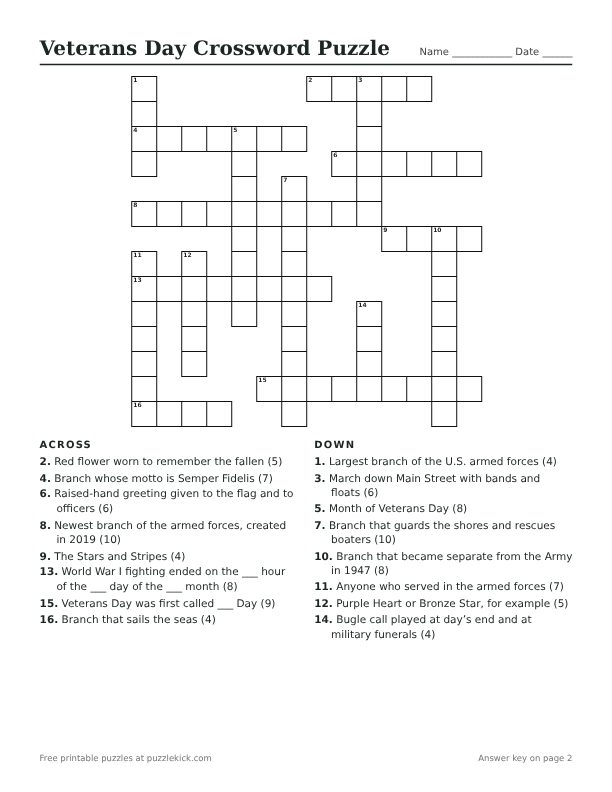 Printable Veterans Day Crossword Puzzle PDF preview with grid and clues
