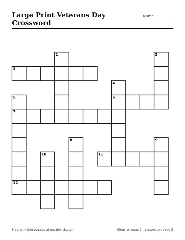 Printable Large Print Veterans Day Crossword PDF preview with big squares and large clues