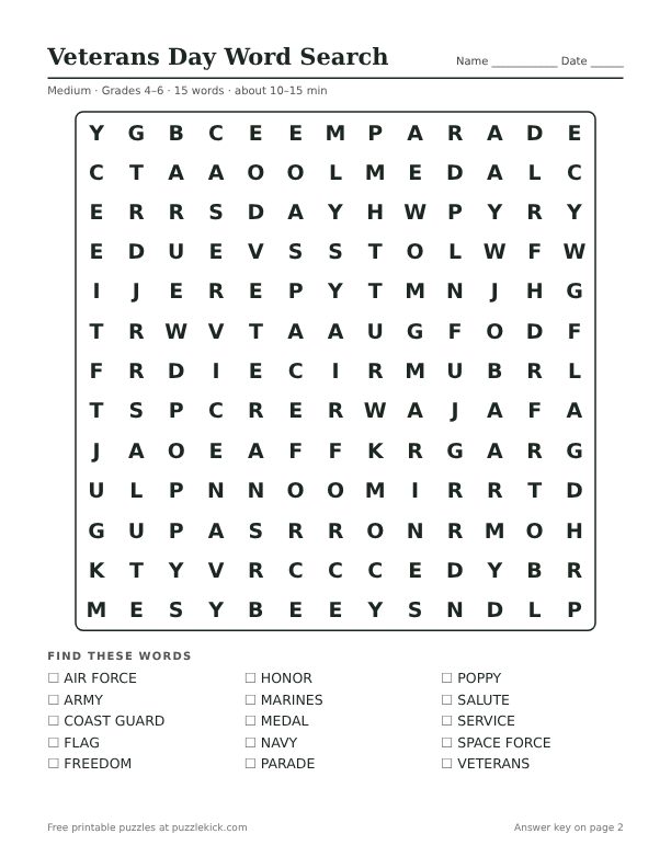 Printable Veterans Day Word Search PDF preview: puzzle page with word list