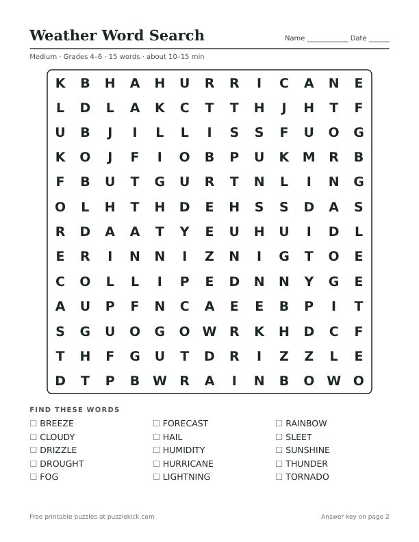 Printable Weather Word Search PDF preview: puzzle page with word list