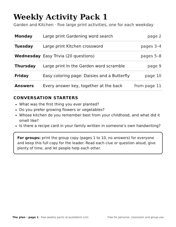 Cover of weekly activity pack 1, garden and kitchen