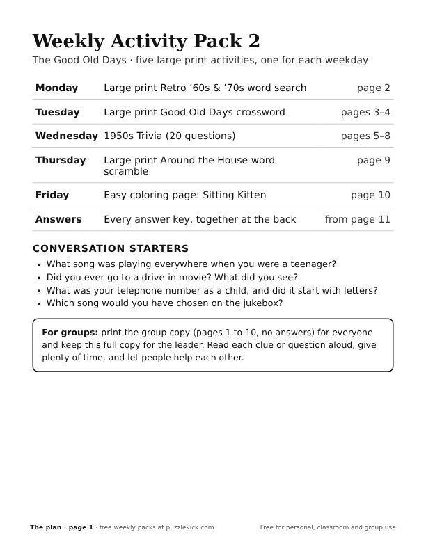 Cover of weekly activity pack 2, the good old days