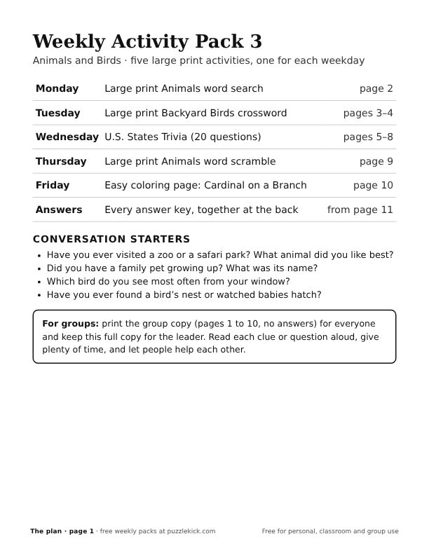 Cover of weekly activity pack 3, animals and birds