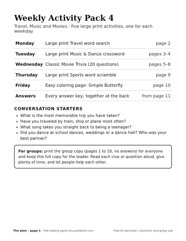 Cover of weekly activity pack 4, travel, music and movies