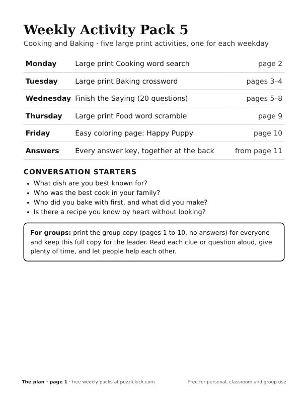 Cover of weekly activity pack 5, cooking and baking