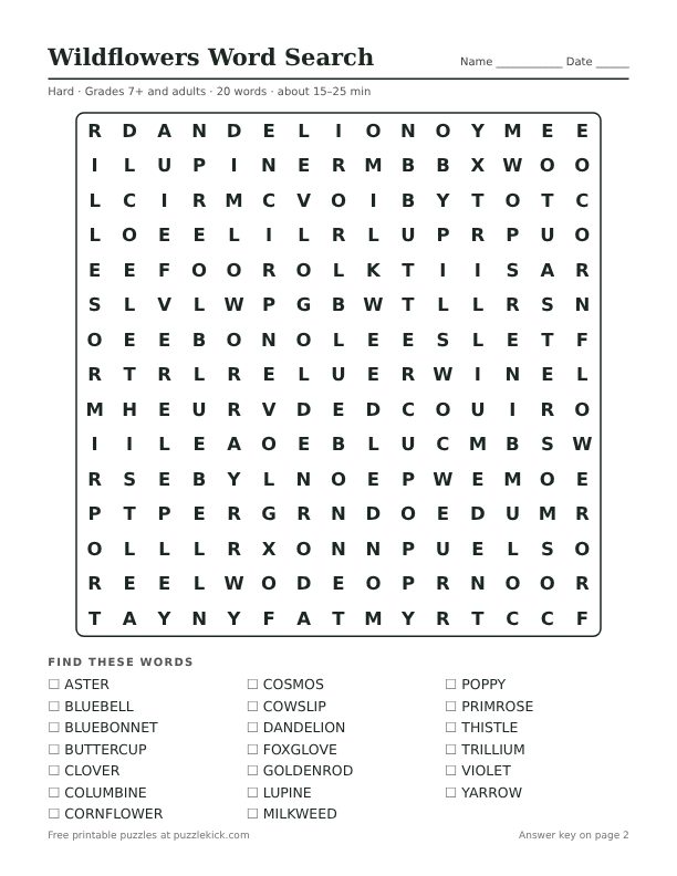 Preview of the wildflowers hard word search