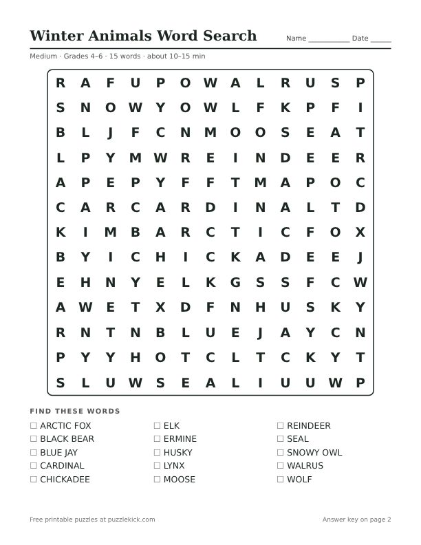 Printable Winter Animals Word Search PDF preview: puzzle page with word list