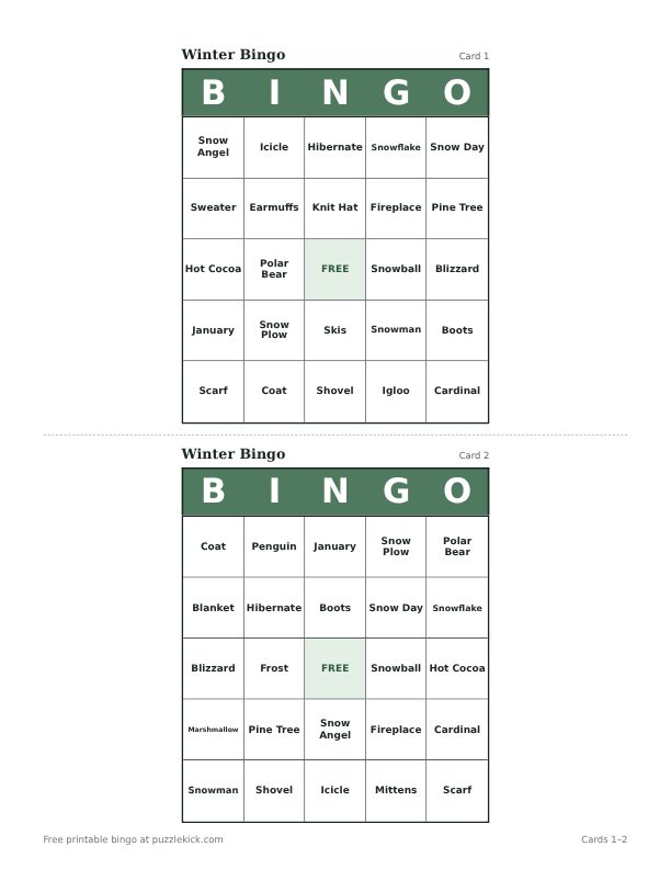 Winter Bingo printable PDF preview with two cards