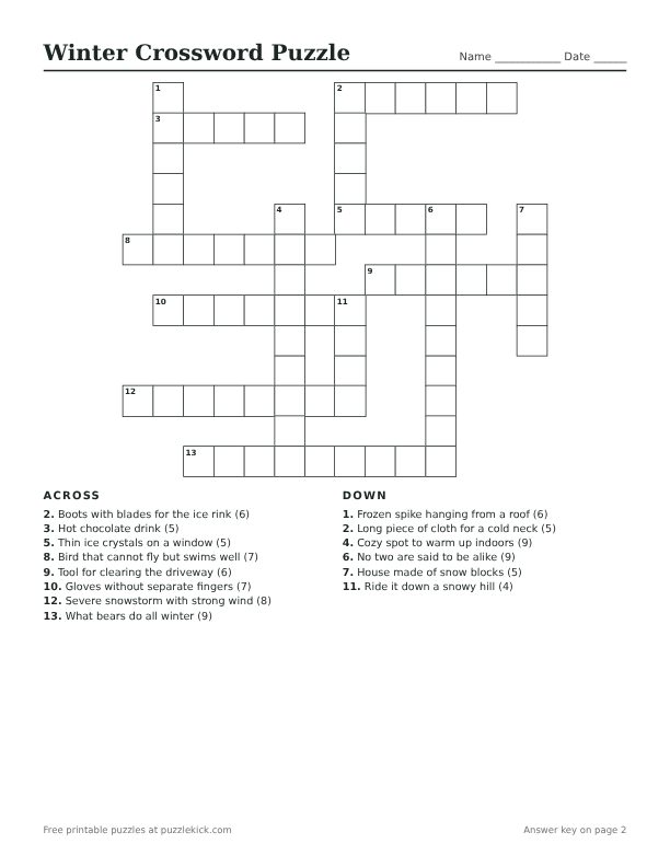 Printable Winter Crossword Puzzle PDF preview with grid and clues